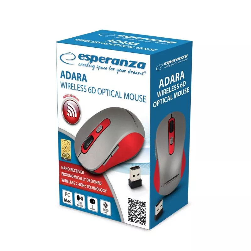 Mouse ottico wireless ESPERANZA EM131R 2,4 GHz, 1600 DPI, ambidestro, ricevitore nano USB, 6 tasti, grigio