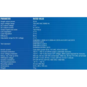 Alimentatore TELTONIKA PR3PDNP0, da interno 20 W, ingresso 100–240 V, 50–60 Hz, compatto 22,5×90×100 mm, blu/bianco