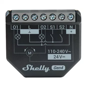 Shelly 2PM Gen4 attuatore tapparelle/tende 2 canali, AC 110–240V, Wi‑Fi 2,4 GHz, 1,4 W, 8000 KB flash