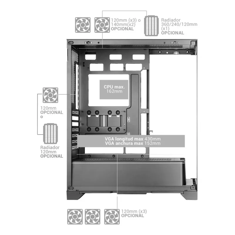 Case PC midi tower TACENS Mars Gaming MCPRISMA, nero, vetro temperato, supporta ATX/Micro-ATX/Mini-ITX, 2x vani 3,5