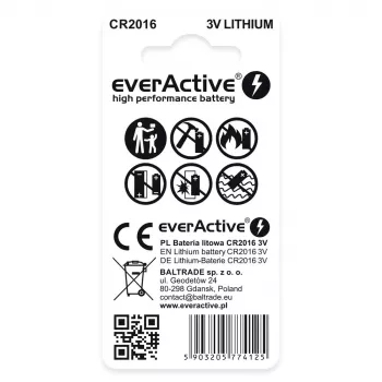 Pila a bottone al litio everActive CR2016 — 3 V, diametro 20 mm, altezza 1,6 mm, confezione da 2