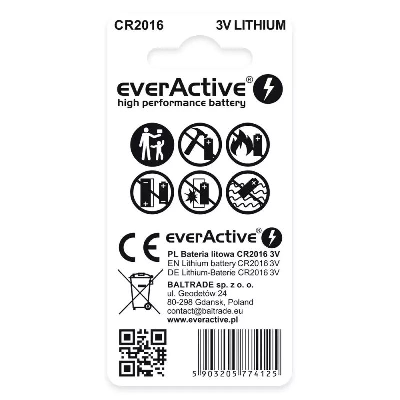 Pila a bottone al litio everActive CR2016 — 3 V, diametro 20 mm, altezza 1,6 mm, confezione da 2