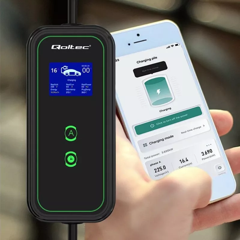 Caricabatterie mobile EV Qoltec regolabile 2in1 Type2 | 3.5kW | 230V | Wi-Fi | LCD | portatile | wallbox | 5m