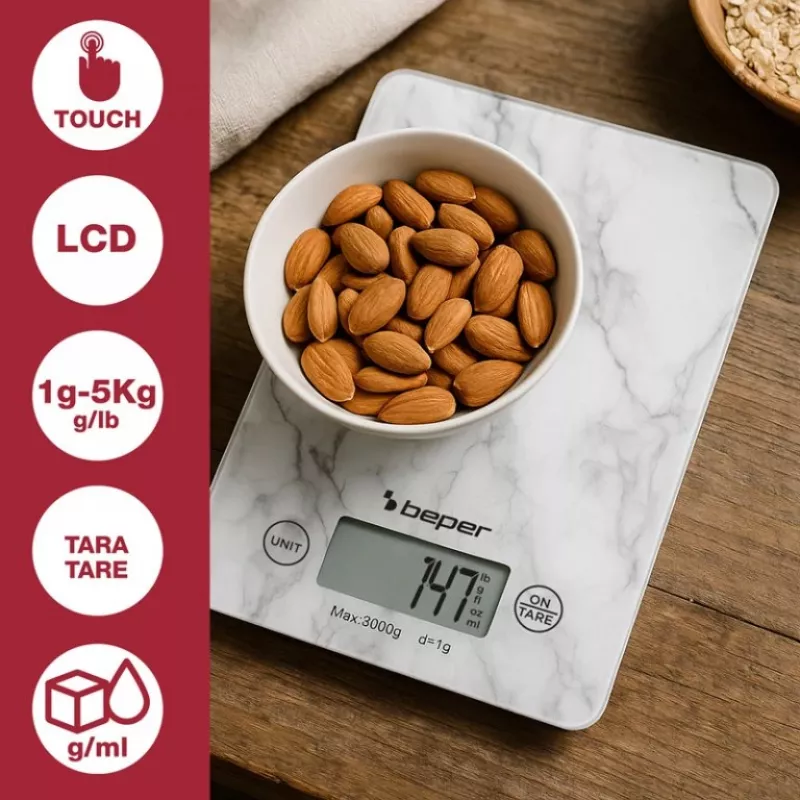 Bilancia da cucina Beper P102BIL004 - digitale, 5 kg, 1 g, marmo bianco