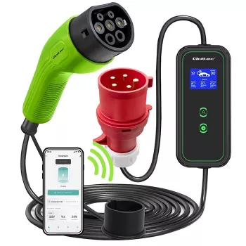 Caricabatterie mobile EV Qoltec regolabile 2in1 Type2 | 7kW | 230V | CEE 3 PIN | Wi-Fi | LCD | portatile | wallbox | 5m