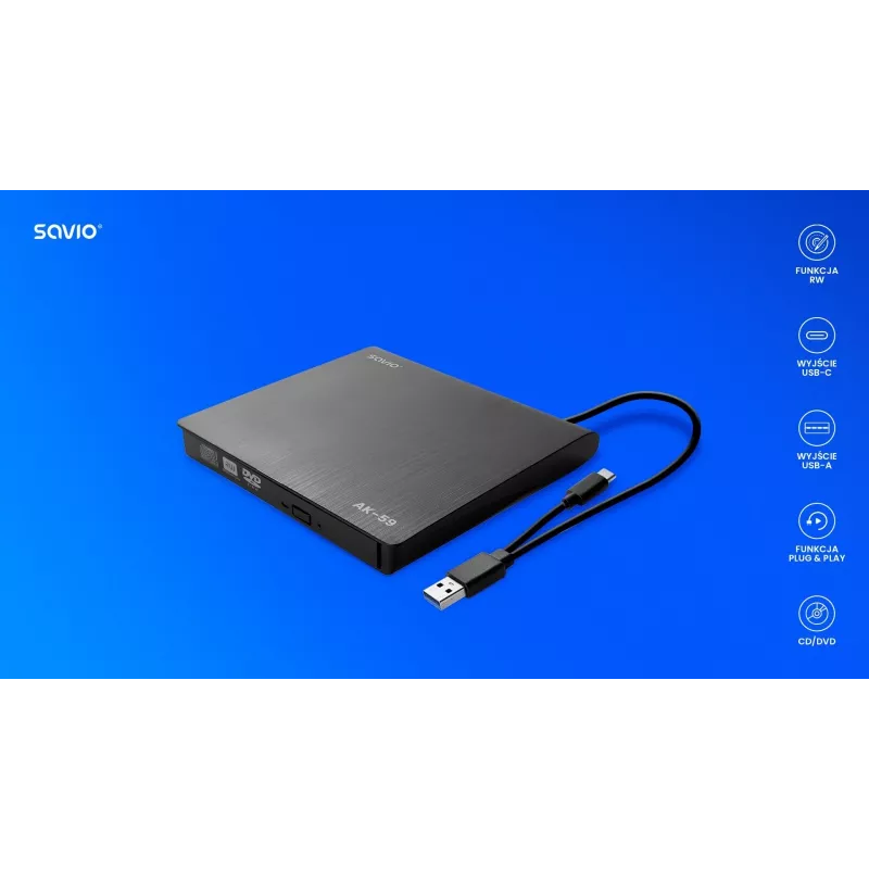 SAVIO AK-59 masterizzatore CD/DVD esterno sottile R/RW - USB-C/USB-A, nero