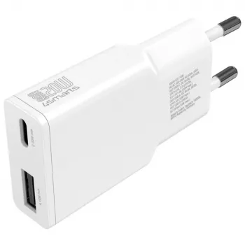 Caricabatterie da interno per dispositivi mobili AC 4smarts 541509 — 100–240V, USB-A + USB-C, cavo 1.5 m, ricarica rapida, bianco