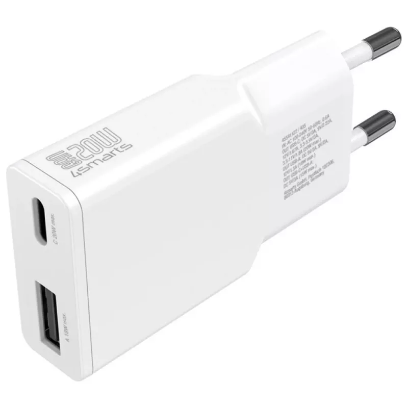 Caricabatterie da interno per dispositivi mobili AC 4smarts 541509 — 100–240V, USB-A + USB-C, cavo 1.5 m, ricarica rapida, bianco