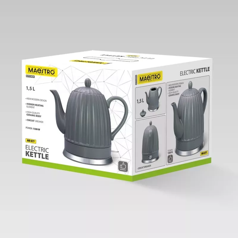 Bollitore Maestro MR-077, 1,5 L, 1500 W, corpo in ceramica, grigio