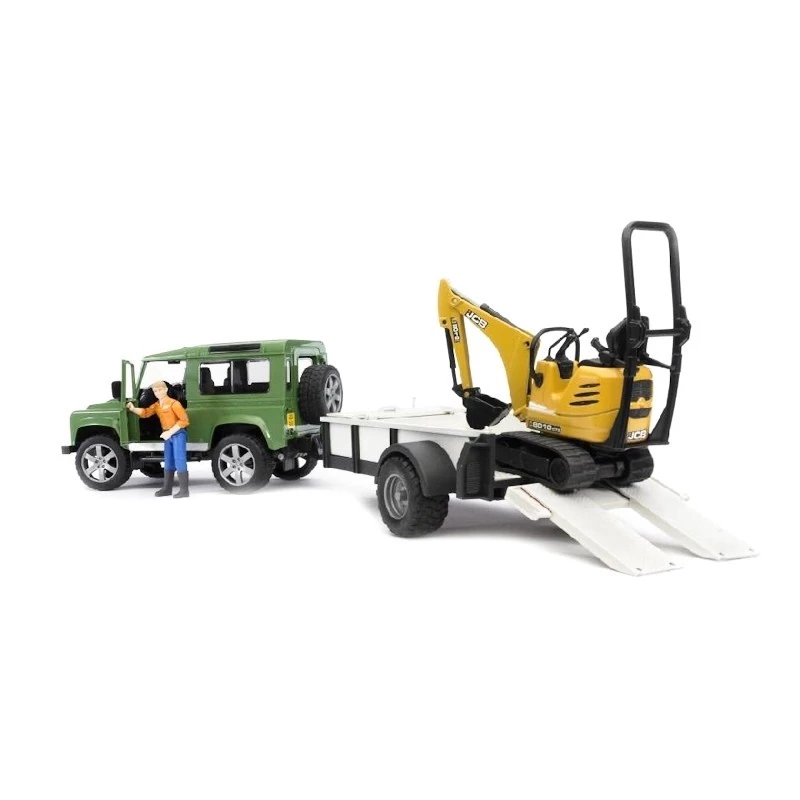 BRUDER Land Rover Defender con rimorchio CAT e uomo veicolo giocattolo