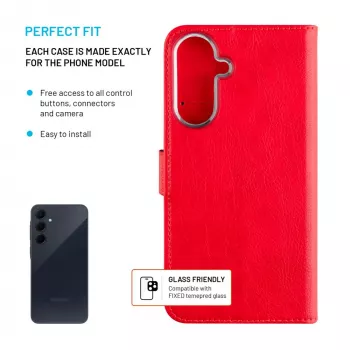 Custodia in pelle FIXED per Samsung Galaxy A36 5G – rossa, protezione frontale e posteriore, fori precisi