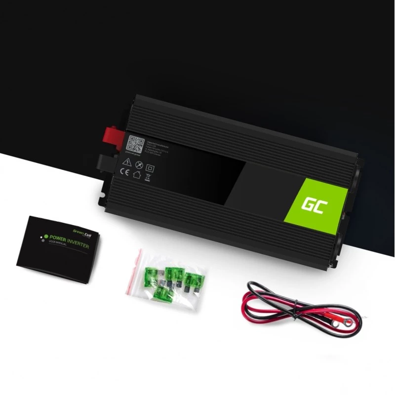 Adattatore di corrente inverter Green Cell INV25, 1500 W, 12 V DC a 230 V AC, 50 Hz, 1× USB, nero