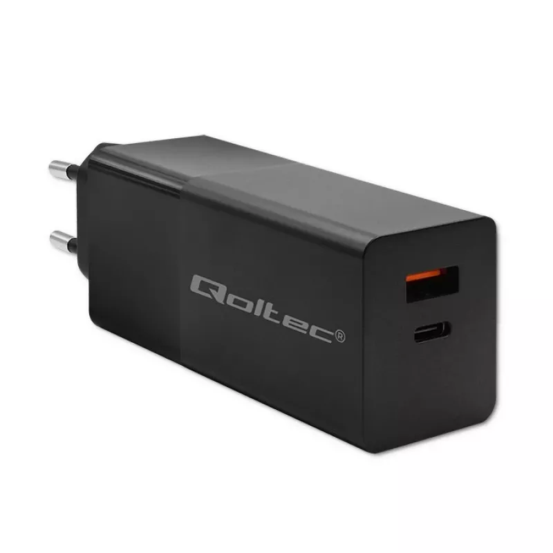 Qoltec 52382 GaN POWER PRO caricabatterie | 1xUSB Type C | 1xUSB A | 100W | 5-20V | 1.5-5A | PD | nero