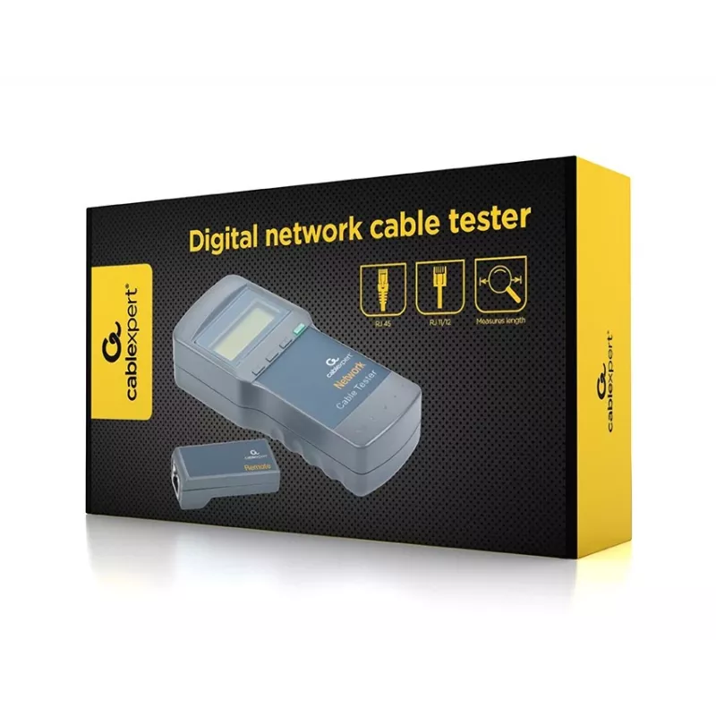 Tester per cavi di rete GEMBIRD NCT-31 — verifica continuità con LCD, supporto RJ-11/RJ-12/RJ-45, nero