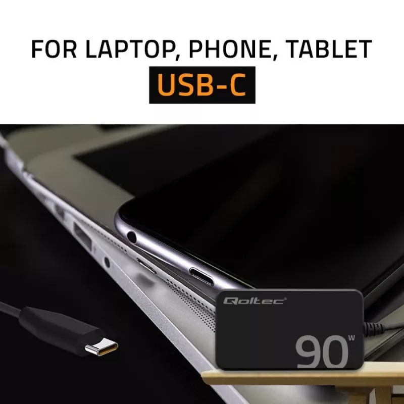 Caricabatterie da parete Qoltec 90W GaN Super Fast SLIM | XP | 5-20V | 4,5A | USB-C 3.1 | Laptop | MacBook | Smartphone | + cavo