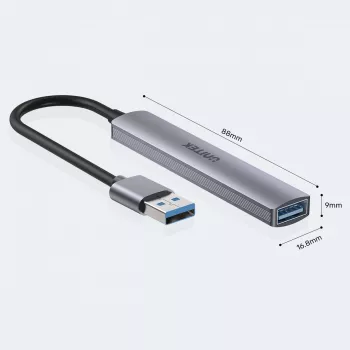 Hub USB Unitek H1208A — 4 porte (1 × USB 3.2 Gen 1 Type-A, 3 × USB 2.0), case in alluminio, grigio, cavo 0,20 m