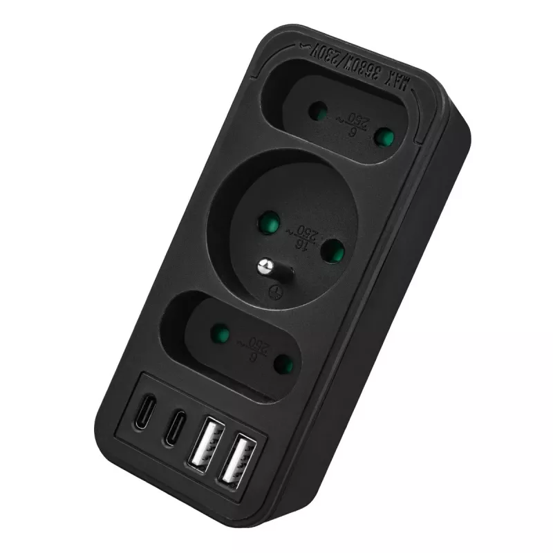 Power splitter MACLEAN MCE248 F/B — 3 prese AC (1x16A, 2x6A) e 4 porte USB (2xUSB‑A, 2xUSB‑C PD 20W), spina EU, nero