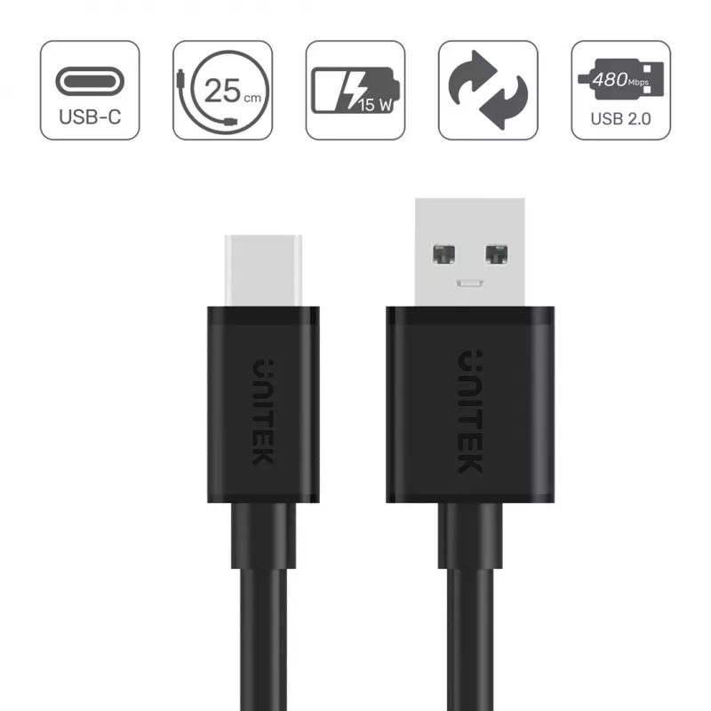 UNITEK CAVO USB USB-A — USB-C 25CM, Y-C480BK