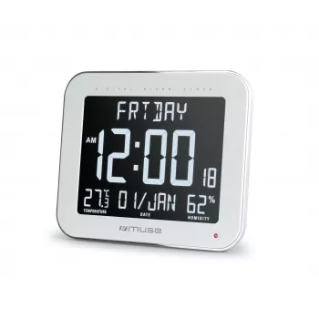 Muse M-090 WMC orologio digitale da parete/tavolo con sveglia, ampio display LCD con retroilluminazione automatica, temperatura e umidità interne, calendario, rettangolare, bianco