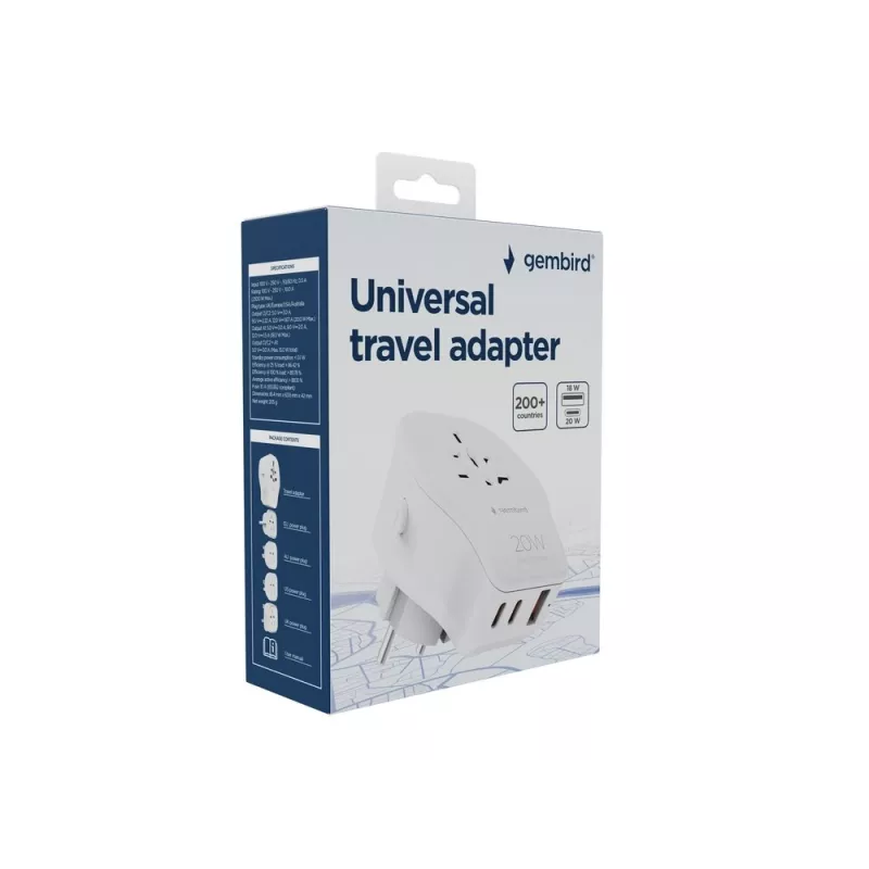 Adattatore da viaggio da parete GEMBIRD TPA-1A2C20-02-W 20W — 1xUSB-A + 2xUSB-C, spina tipo G, 100–250 V, bianco