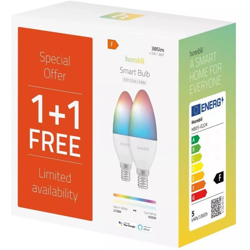 Lampadina smart Hombli, 4,5W, E14, RGB, CCT, confezione promozionale 1+1