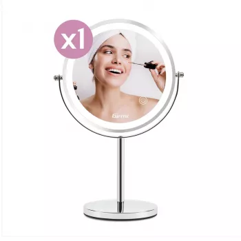Specchio da trucco da appoggio Girmi BE02 – rotondo, acciaio inox, controllo touch LED, ingrandimento 1x/3x, ricaricabile USB-C (1000 mAh)