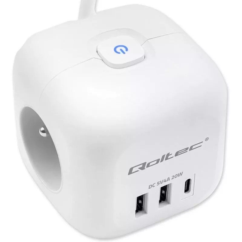 Power Cube QOLTEC 52547 ciabatta 3×prese AC, 2×USB-A, 1×USB-C PD 20W