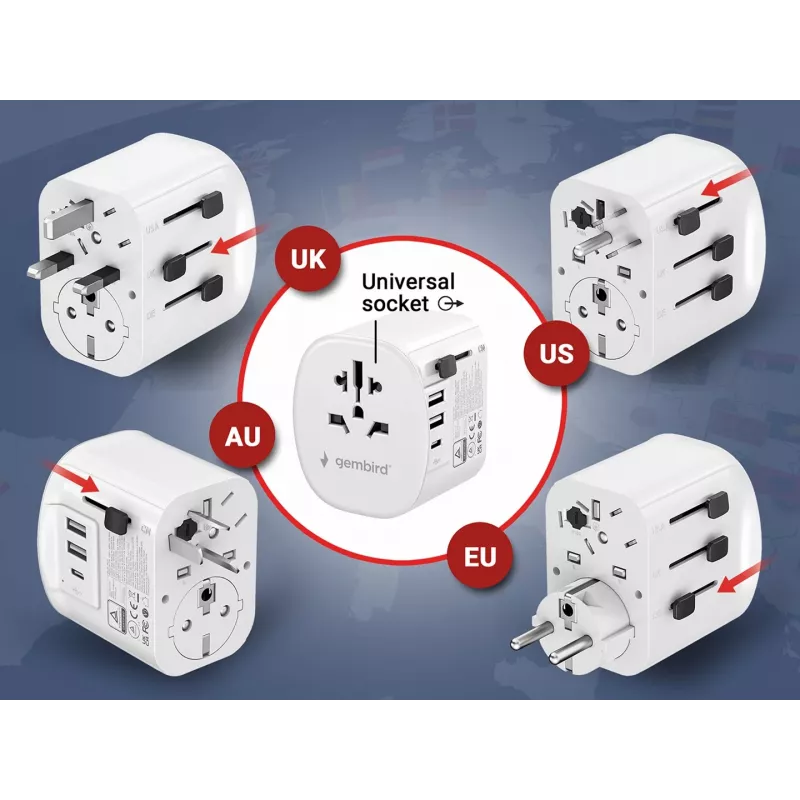 Adattatore da viaggio GEMBIRD TPA-EU2A1C15-01-W – 15W, connettore maschio Type-E, 2× USB-A + 1× USB-C, 100–250V