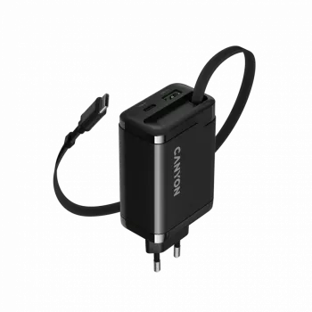 Caricabatterie CANYON OnCharge 65RC con cavo USB-C integrato, 65 W, 1x PD, 1x QC, spina EU, nero