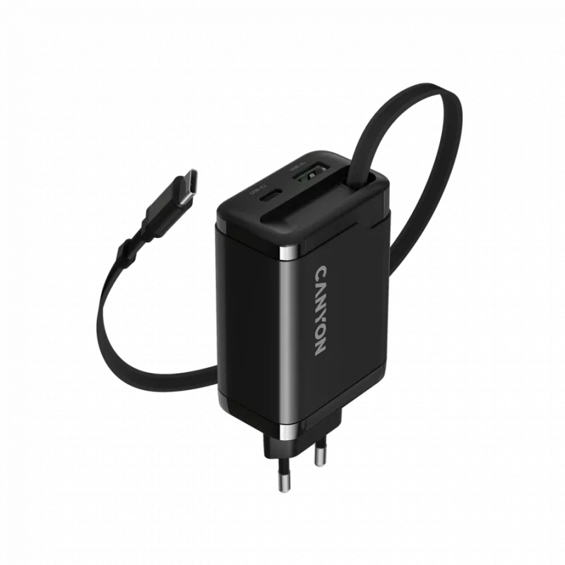 Caricabatterie CANYON OnCharge 65RC con cavo USB-C integrato, 65 W, 1x PD, 1x QC, spina EU, nero