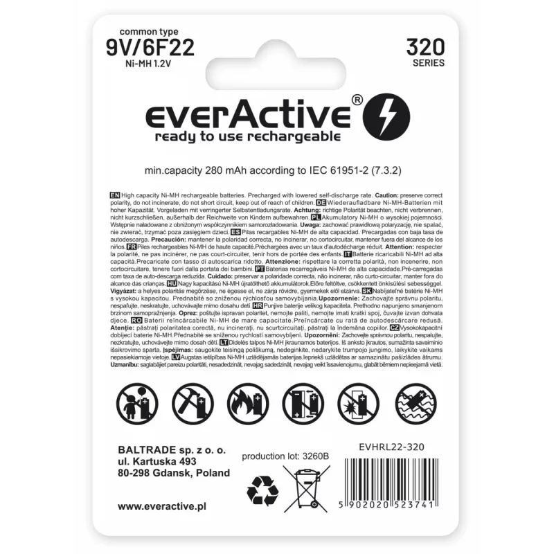 Batteria ricaricabile everActive EVHRL22-320 9V NiMH prismatica 8,4V, 55 g, 48,5 mm