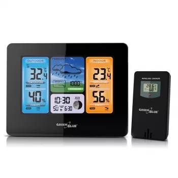Stazione meteo digitale GreenBlue GB526 nera — interno -20…60°C, esterno -40…70°C, umidità -20…95%, orologio, fase lunare