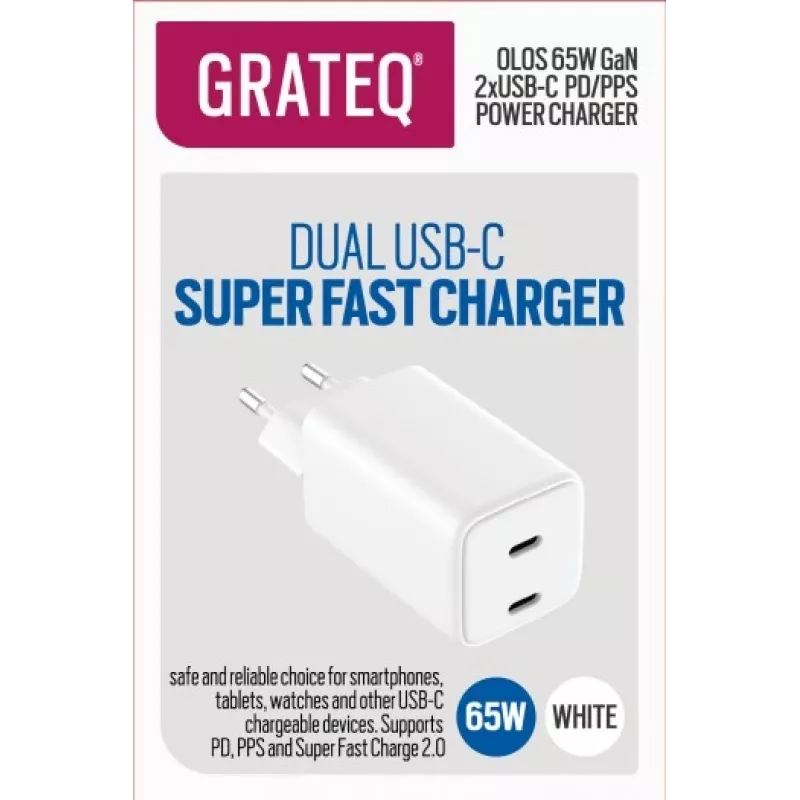 GRATEQ OLOS caricabatterie da parete PD/PPS, 2x USB-C, GaN, 65 W