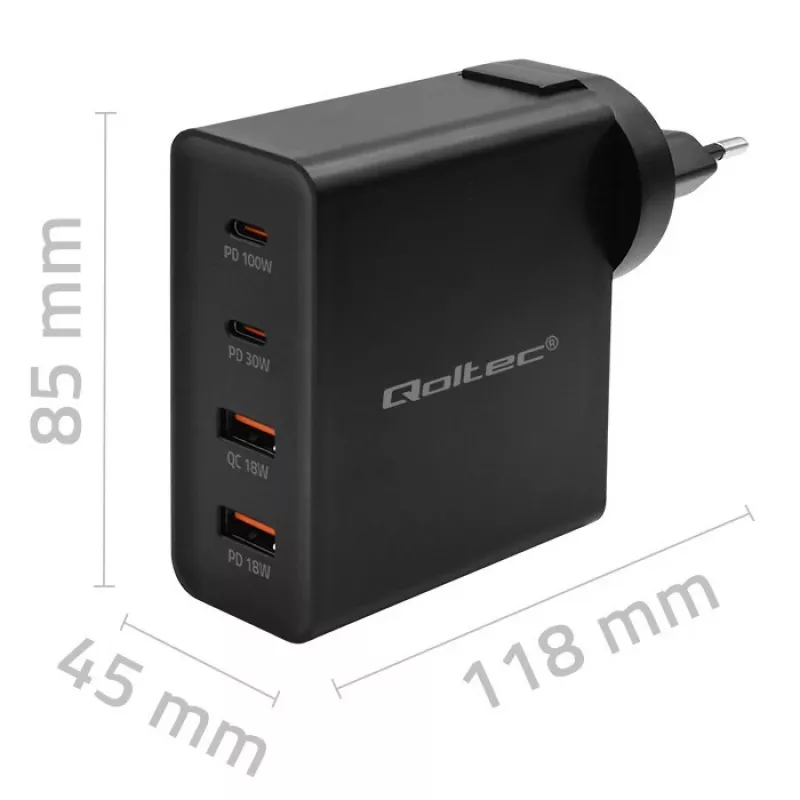 Qoltec GaN POWER PRO caricabatterie | 2xUSB-C | 2xUSB | 130W | 5-20V | 1.5-5A | XP | nero