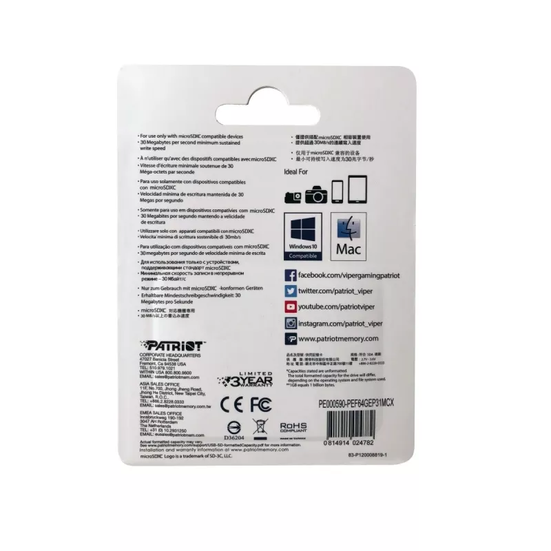Patriot Memory PEF64GEP31MCX scheda di memoria 64 GB MicroSDXC Class 10