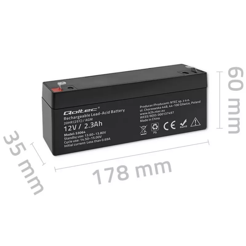 Batteria AGM sigillata QOLTEC 12V 2,3Ah per sistemi UPS e backup, scarica max. 34,5A