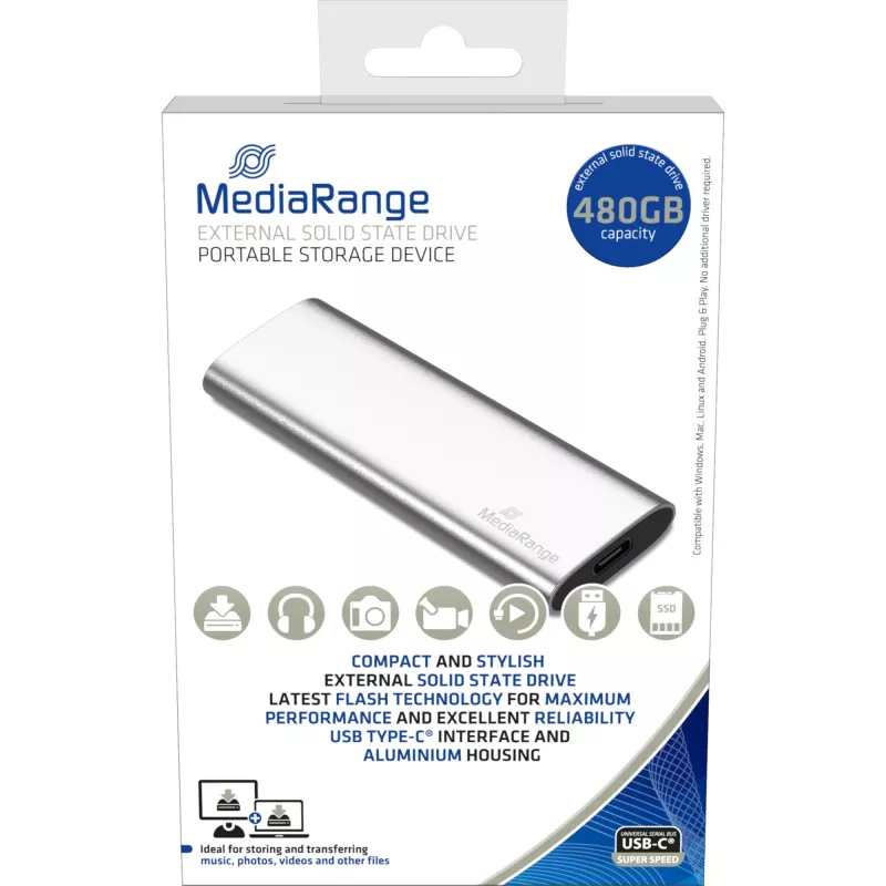 MediaRange MR1102 - SSD - 480 GB - esterno (portatile) - USB 3.2 Gen 2 (connettore USB-C) - argento (MR1102)