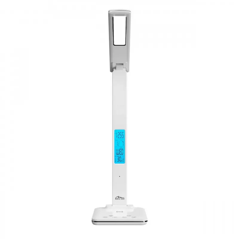 Media-Tech MT222 Leditou lampada da scrivania LED con caricatore wireless Qi da 15 W, orologio, sveglia, termometro, bianca