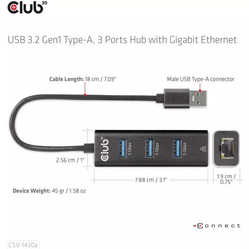 Hub USB CLUB3D USB 3.2 Gen1 Type-A con 3 porte e Gigabit Ethernet