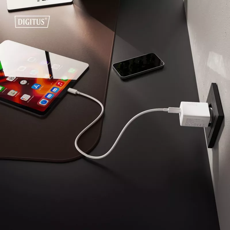 Caricabatterie USB GaN AC da interno DIGITUS DA-10301 — 30W, 1× USB-C, 1× USB-A, 100–240V, bianco