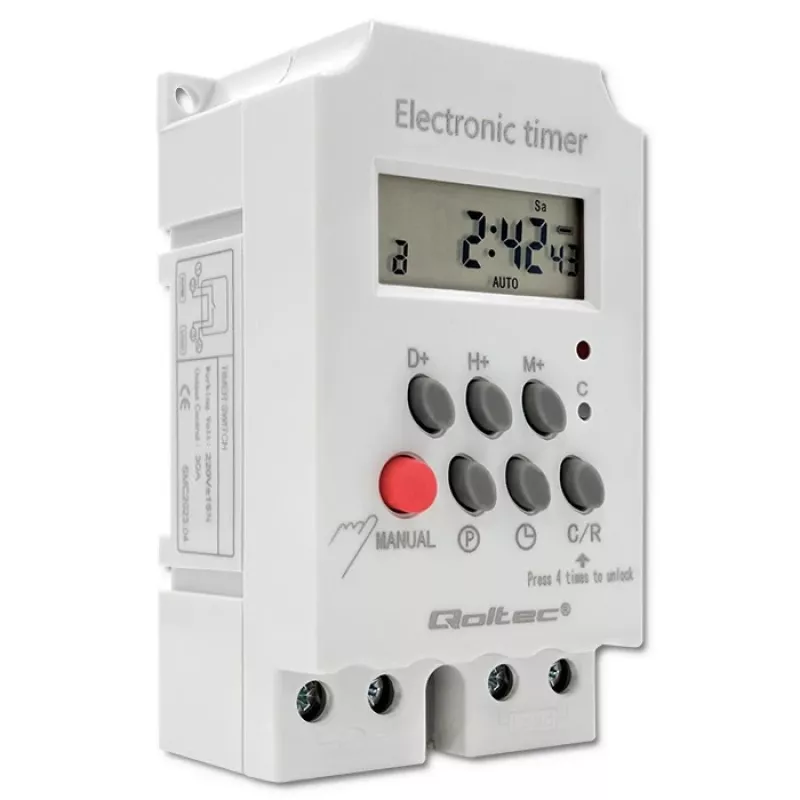 Timer elettronico per guida DIN QOLTEC PC0629 — alimentazione 24V, uscita 16A