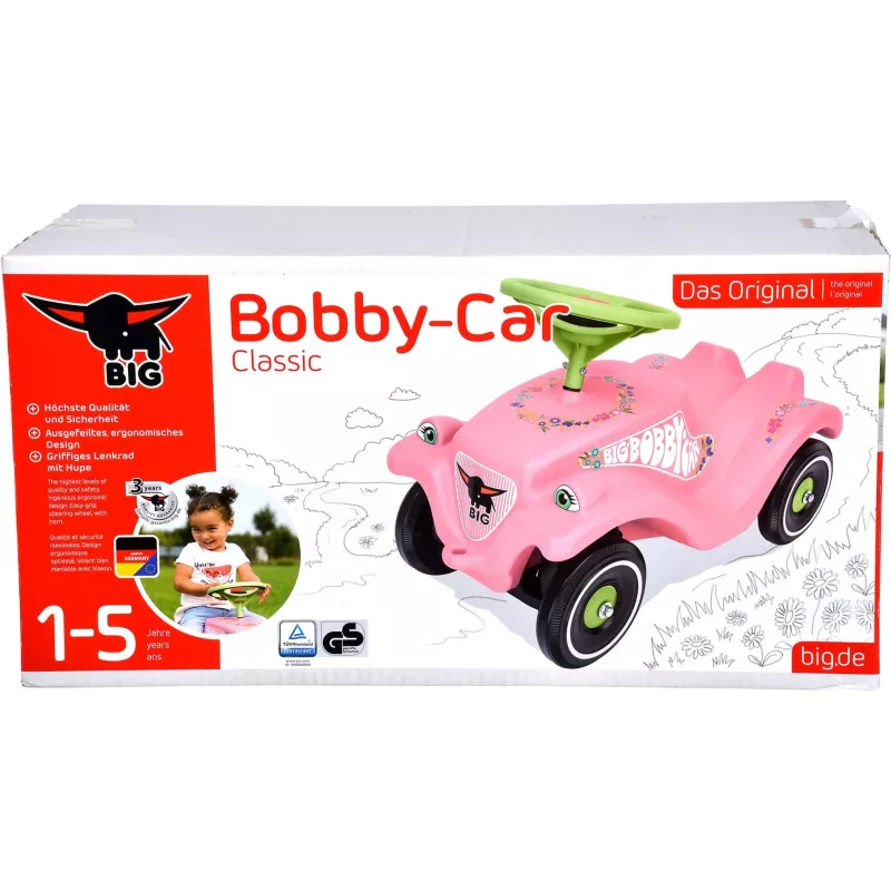 Bobby-Car-Classic Flower, cavalcabile rosa/verde chiaro