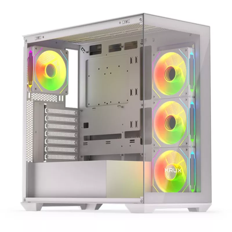 Case PC KRUX Exo Midi Tower, ATX/micro-ATX/mini-ITX, 2x vetro temperato, USB-C, 4 ventole da 120 mm, 2 vani da 3,5 pollici + 2 da 2,5 pollici, GPU fino a 40,5 cm, bianco