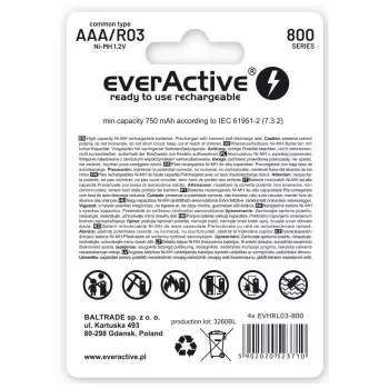 Batterie ricaricabili AAA NiMH everActive EVHRL03-800 – 1,2 V, 4 pz., cilindriche 44,5×10,5 mm