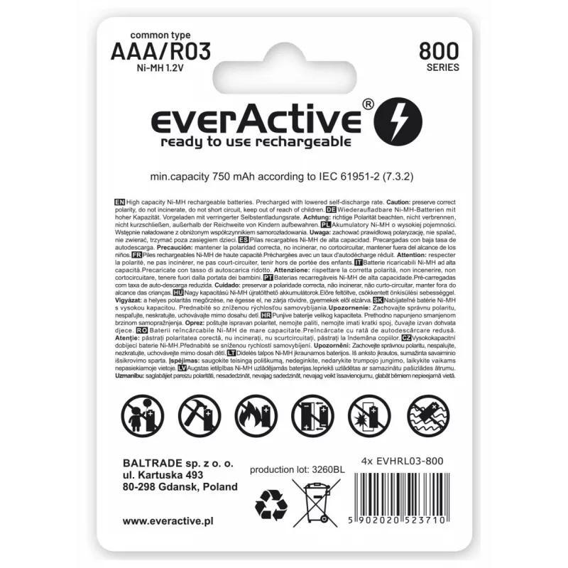 Batterie ricaricabili AAA NiMH everActive EVHRL03-800 – 1,2 V, 4 pz., cilindriche 44,5×10,5 mm