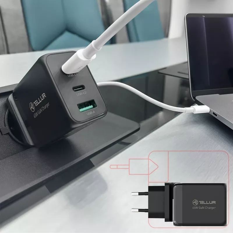 Caricabatterie da parete Tellur TLL151451 65W, 3 porte (2x USB-C, 1x USB-A)