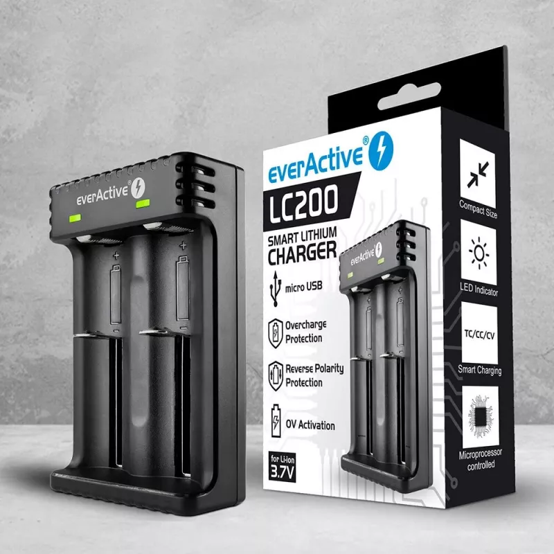 Caricabatterie everActive LC200 domestico USB, 2 vani, Li-Ion, supporta A/AA/AAA/AAAA/C/D, ingresso 5 V, uscita 4,2 V, nero