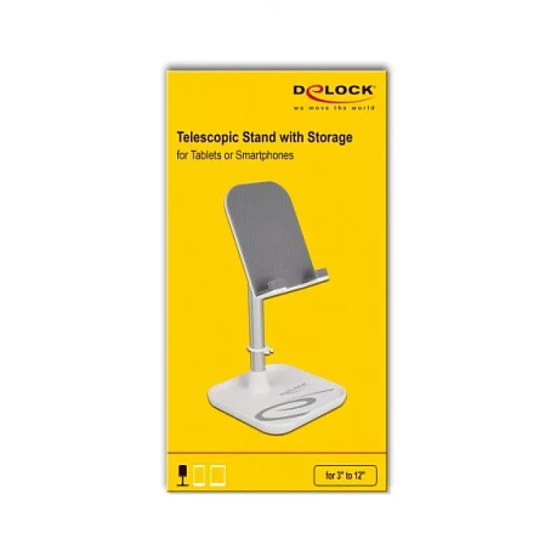 Supporto telescopico per smartphone e tablet DeLOCK con ripiano, argento/bianco