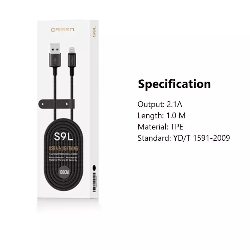 Cavo USB-A a Lightning Orsen S9L 1 m 2,1A — nero