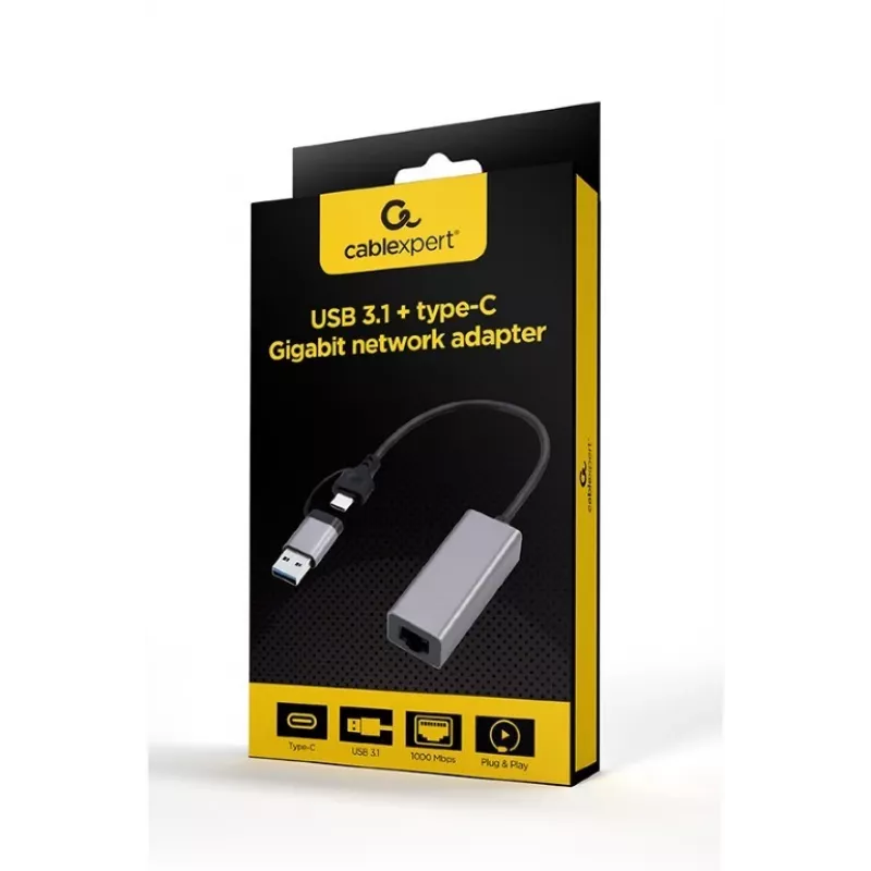 Gembird A-USB3AC-LAN-01 adattatore di rete Gigabit USB 3.1 + Type-C, 1x RJ-45, 10/100/1000 Mbps, custodia in metallo, space grey